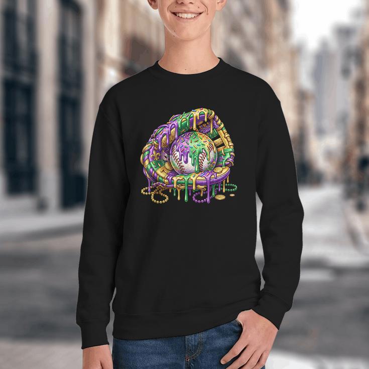 Baseball Glove Ice Cream Mardi Gras Dripping Boys Youth Kids Youth Crewneck Sweatshirt