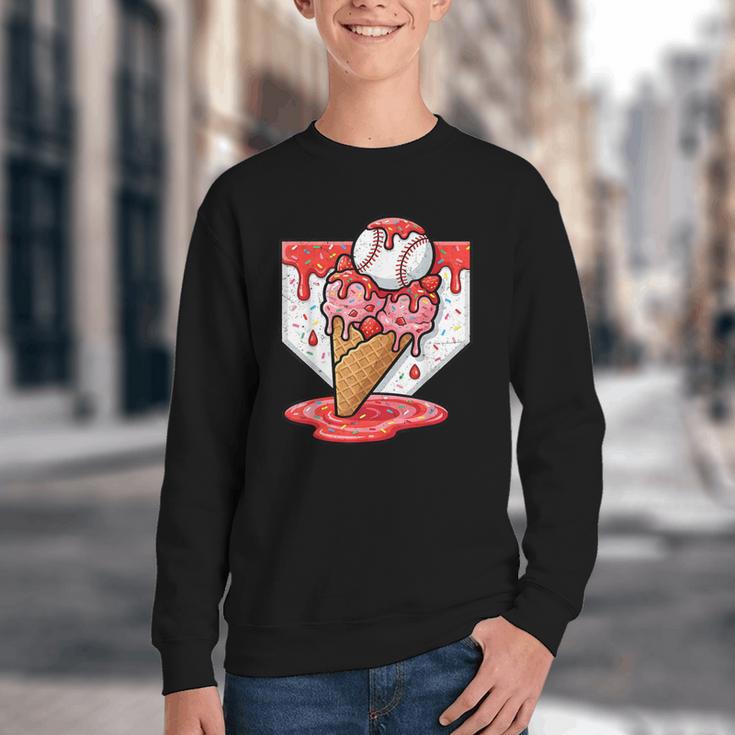 Baseball Ice Cream Drip Baseball Strawberry For Youth Red Youth Crewneck Sweatshirt Baseball Ice Cream Drip Baseball Strawberry For Youth Red Youth Crewneck Sweatshirt