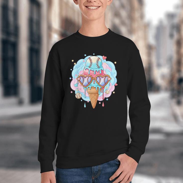Baseball Ice Cream Heart Sunglasses Youth Boys Valentine Youth Crewneck Sweatshirt