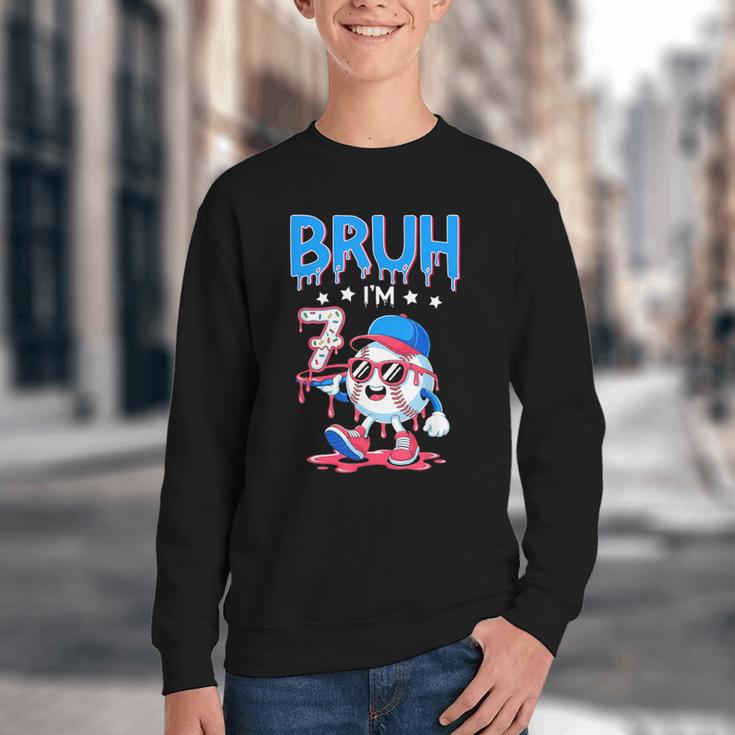 Bruh I'm 7 Baseball Ice Cream Drip It's My 7th Birthday Youth Crewneck Sweatshirt