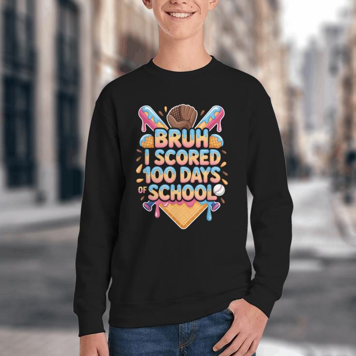 Bruh I Scored 100 Days Of School Baseball Ice Cream Drip Tee Youth Crewneck Sweatshirt Bruh I Scored 100 Days Of School Baseball Ice Cream Drip Tee Youth Crewneck Sweatshirt
