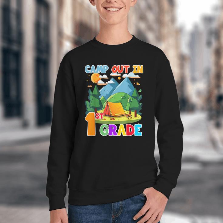 Camp Out In 1st Grade Back To School For Camping Lover Youth Crewneck Sweatshirt Camp Out In 1st Grade Back To School For Camping Lover Youth Crewneck Sweatshirt
