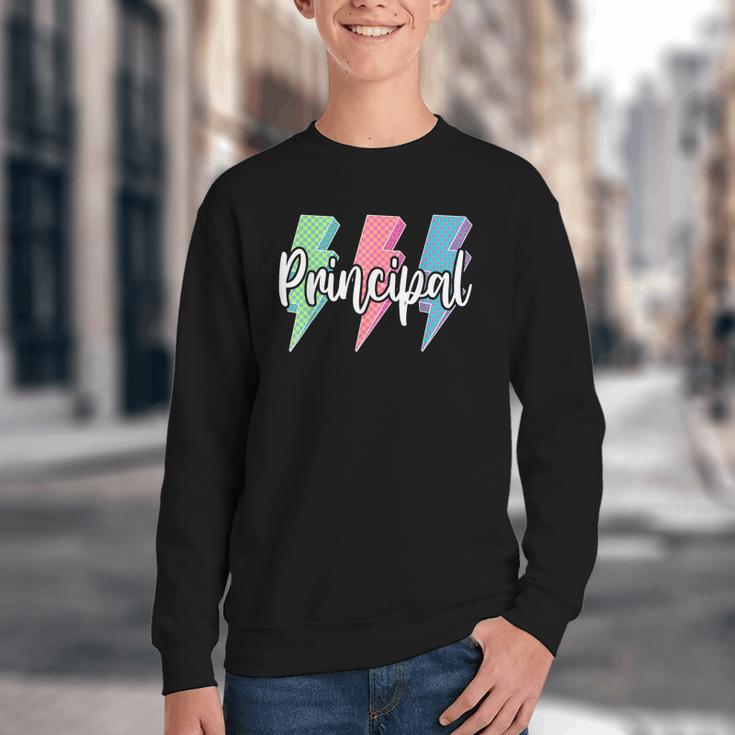 Checkered Principal Lightning Bolt Back To School Youth Crewneck Sweatshirt