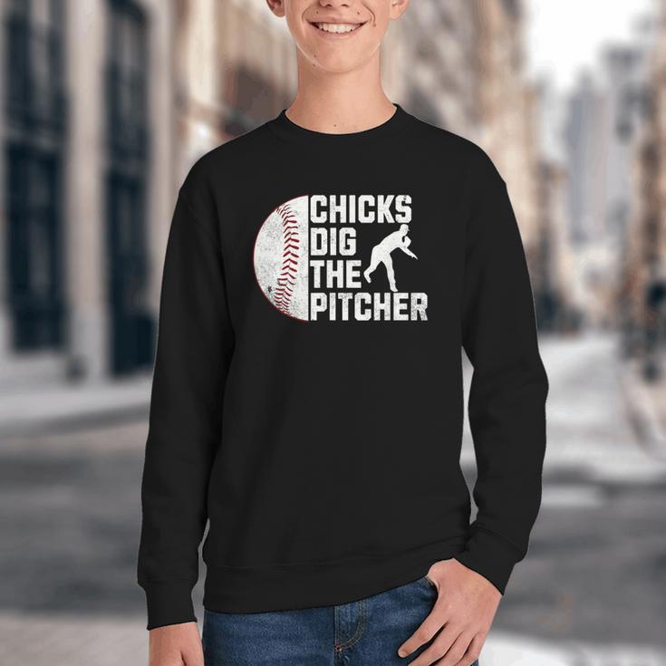 Chicks Dig The Pitcher Baseball Youth Crewneck Sweatshirt