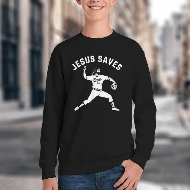Christian Jesus Saves Baseball Pitcher Heaven 01 Sports Youth Crewneck Sweatshirt