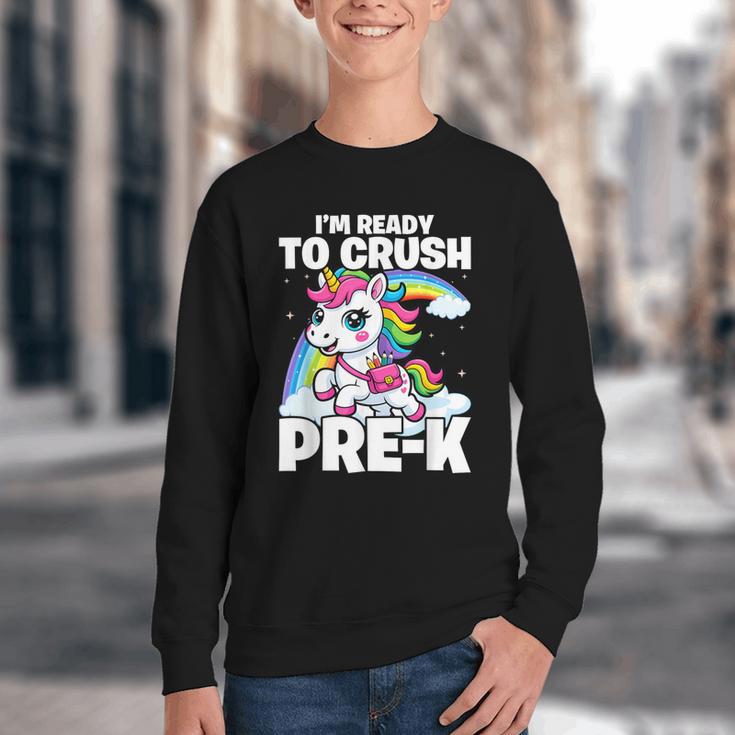Crush Pre-K Girls Back To School Unicorn First Day Preschool Youth Crewneck Sweatshirt Crush Pre-K Girls Back To School Unicorn First Day Preschool Youth Crewneck Sweatshirt