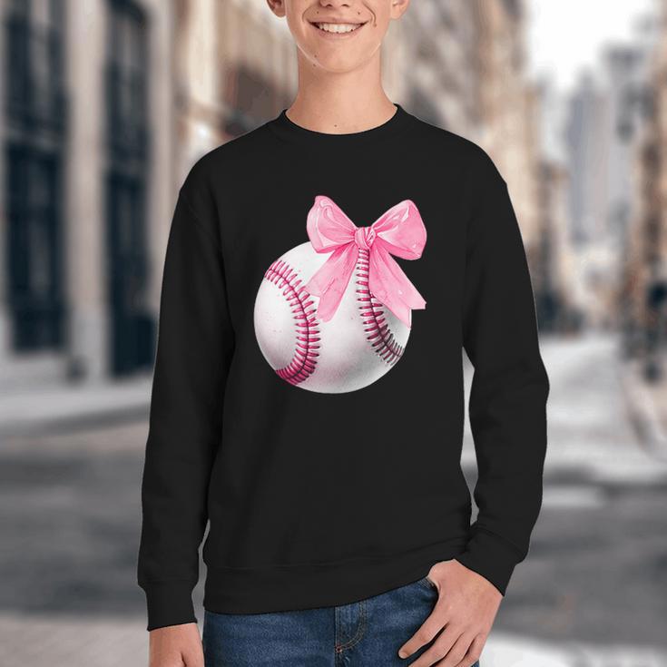 Cute Coquette Baseball Pink Bow Player & Fan Girls Youth Crewneck Sweatshirt Cute Coquette Baseball Pink Bow Player & Fan Girls Youth Crewneck Sweatshirt
