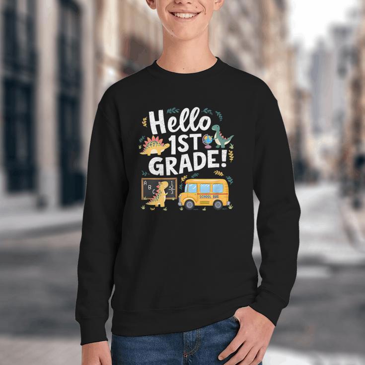Cute Hello 1st Grade Dinosaur School Back To School Dino Bus Youth Crewneck Sweatshirt