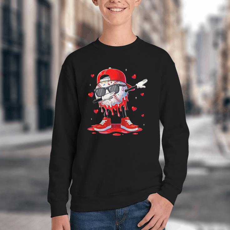 Dabbing Baseball Drip Ice Cream Youth Boy Valentines Day Youth Crewneck Sweatshirt
