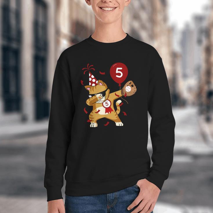Dabbing Cool Cat Baseball 5th Birthday Youth Crewneck Sweatshirt