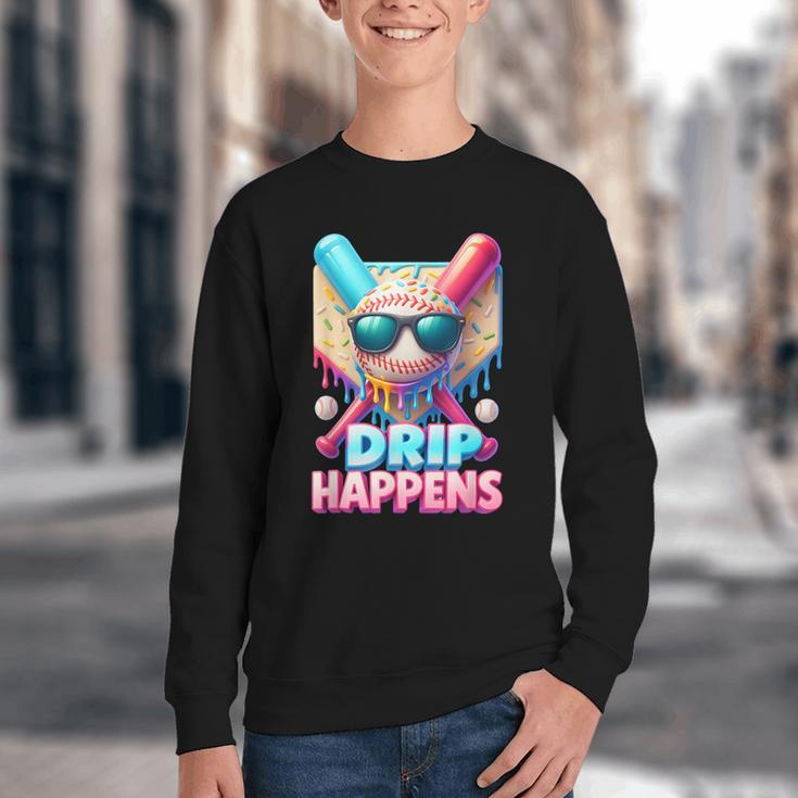 Drip Happens Baseball Ice Cream Bat And Ball With Sunglasses Youth Crewneck Sweatshirt