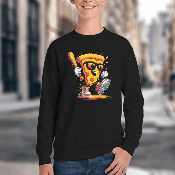 Drippy Pizza Baseball Slice Cartoon Sports Food Youth Crewneck Sweatshirt