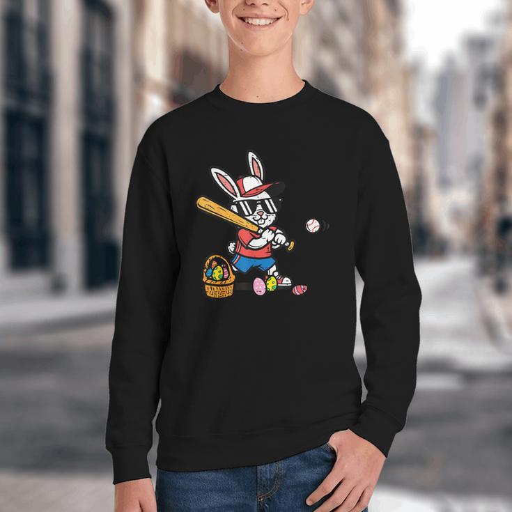 Easter Bunny Baseball Player Batter Rabbit Boys Kids Men Youth Crewneck Sweatshirt