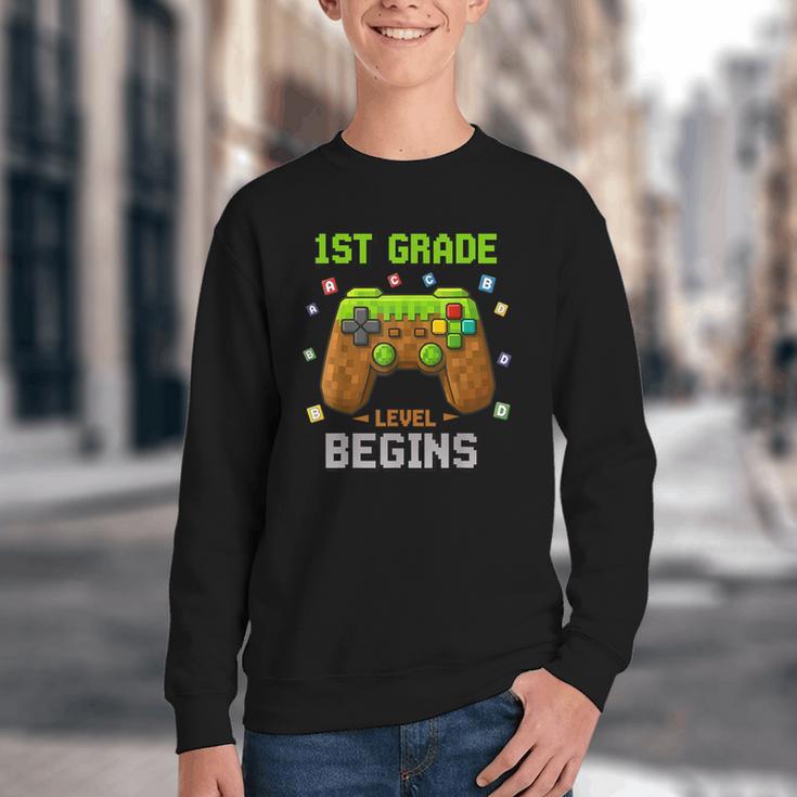 First Day Of 1st Grade Level Begins Back To School Boy Youth Crewneck Sweatshirt