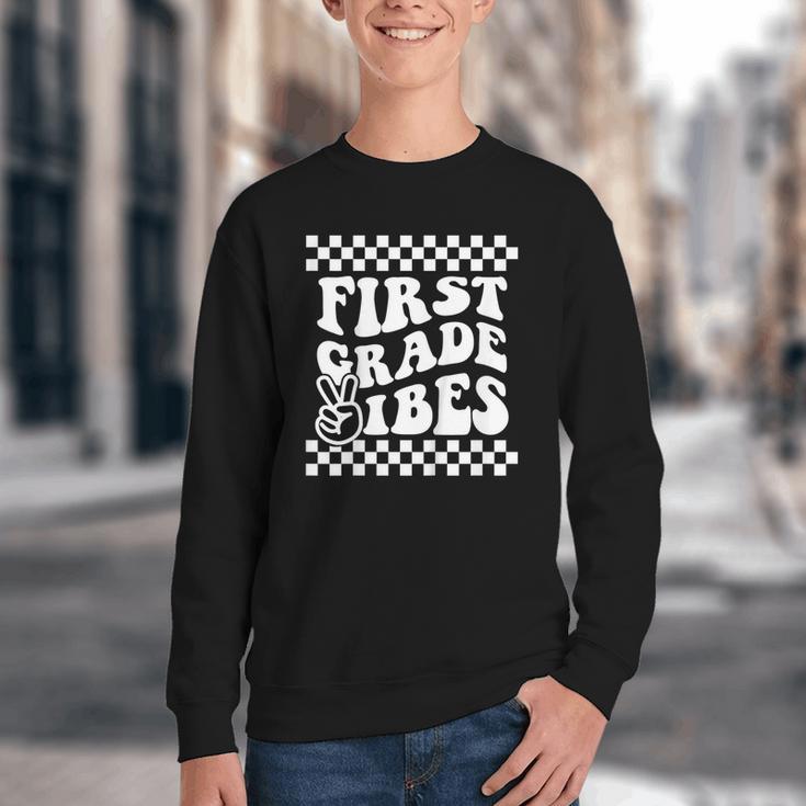 First Day Of First Grade Vibes Girls Back To School Boys Youth Crewneck Sweatshirt First Day Of First Grade Vibes Girls Back To School Boys Youth Crewneck Sweatshirt