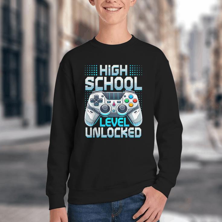 First Day Of High School Level Unlocked Back To School Gamer Youth Crewneck Sweatshirt