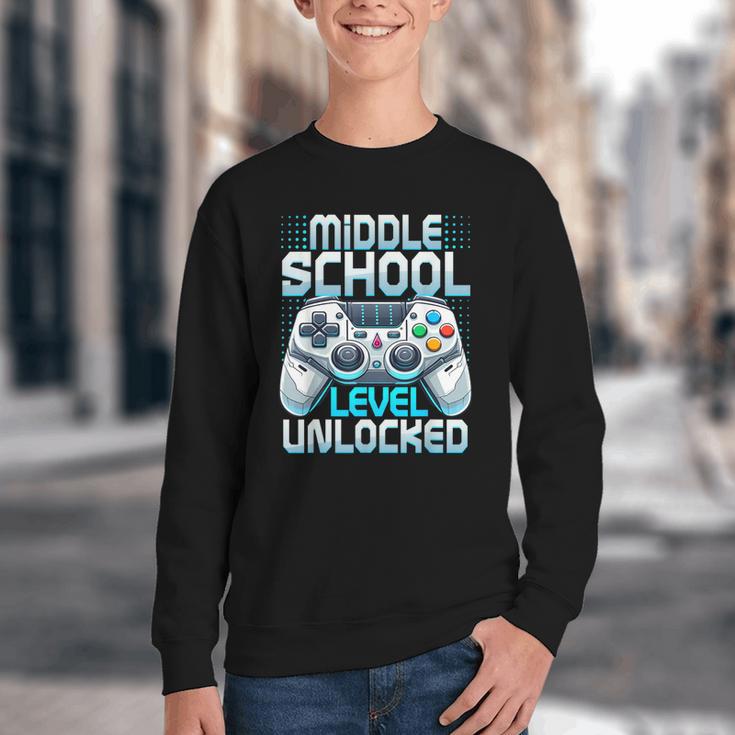 First Day Of Middle School Level Unlocked Back To School Youth Crewneck Sweatshirt First Day Of Middle School Level Unlocked Back To School Youth Crewneck Sweatshirt