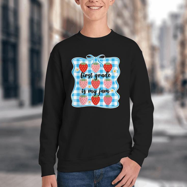 First Grade Is My Jam Strawberry 1st Grade Back To School Youth Crewneck Sweatshirt
