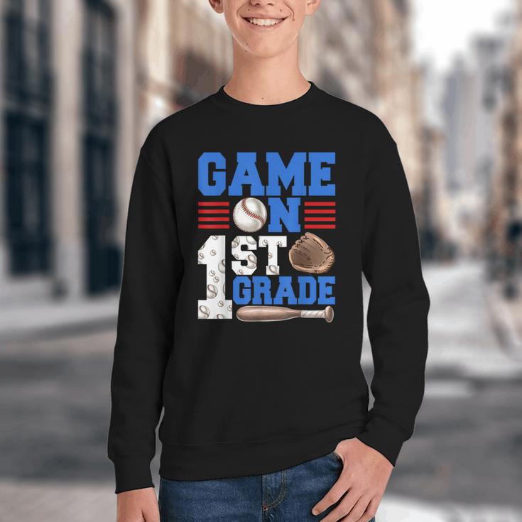 Game On First Grade Boy Baseball Back To School Youth Crewneck Sweatshirt Game On First Grade Boy Baseball Back To School Youth Crewneck Sweatshirt