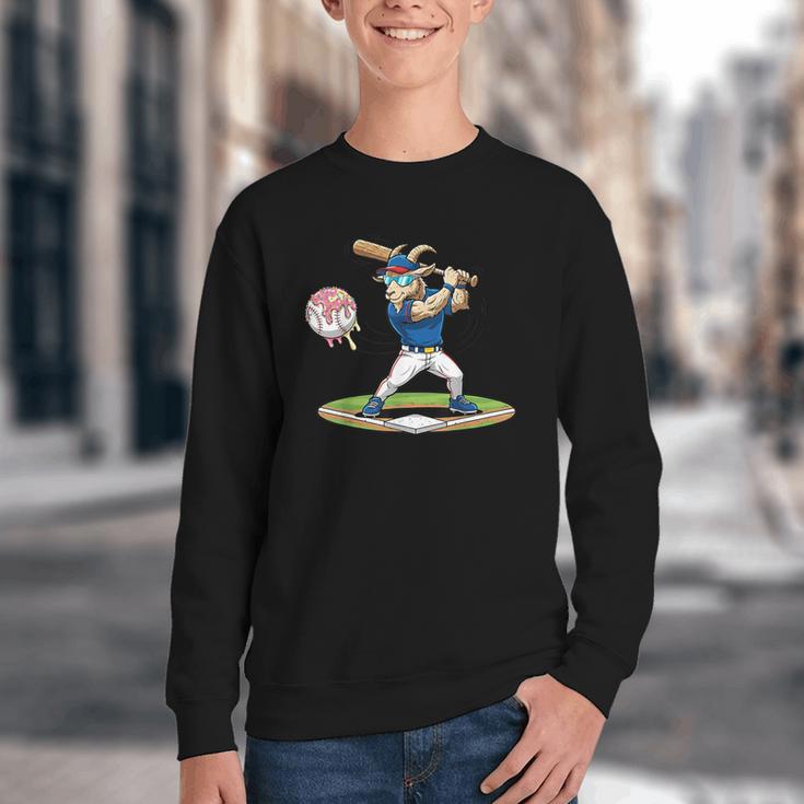 Goat Baseball Player With Bat And Ball Drip Animal Sports Youth Crewneck Sweatshirt