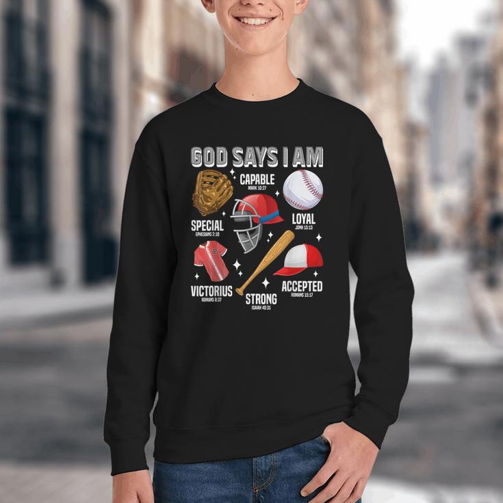 God Says I Am Baseball Player Catcher Pitcher Boys Men Youth Crewneck Sweatshirt God Says I Am Baseball Player Catcher Pitcher Boys Men Youth Crewneck Sweatshirt