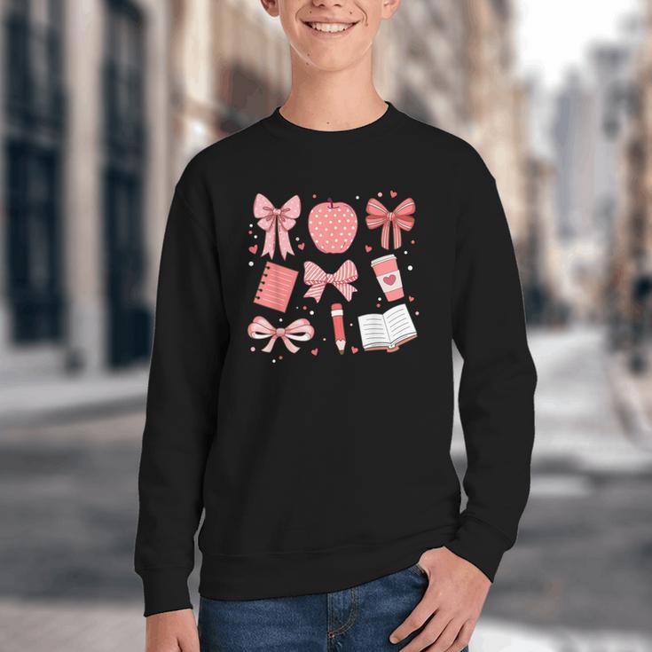 Happy Back To School 1st Day Toddler Girl Boho Coquette Bows Youth Crewneck Sweatshirt Happy Back To School 1st Day Toddler Girl Boho Coquette Bows Youth Crewneck Sweatshirt