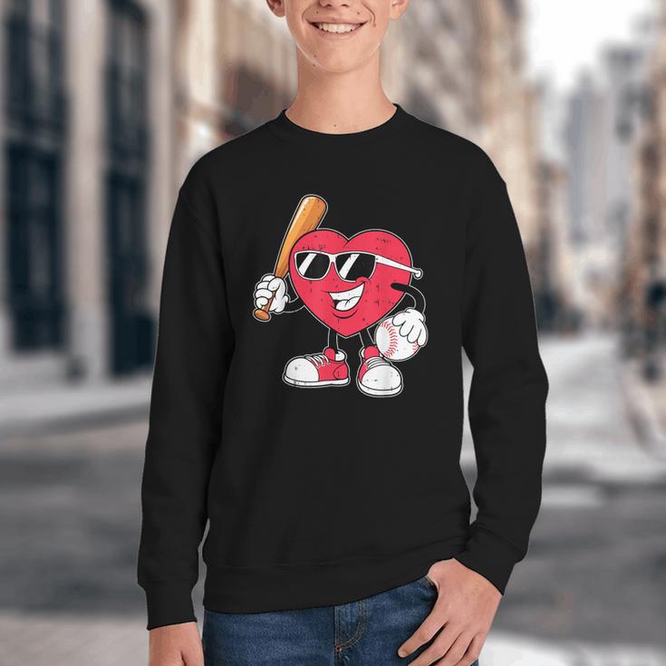 Heart Play Baseball Valentine's Day Teens Boys Girls Kids Youth Crewneck Sweatshirt