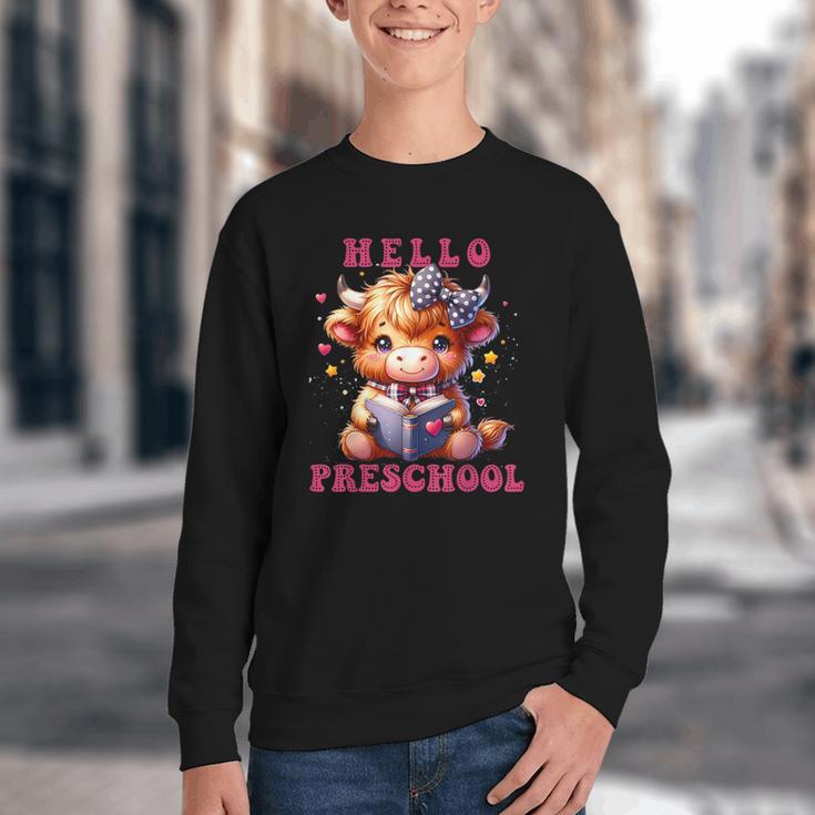 Hello Preschool Cute Highland Cow Lover Back To School Youth Crewneck Sweatshirt Hello Preschool Cute Highland Cow Lover Back To School Youth Crewneck Sweatshirt