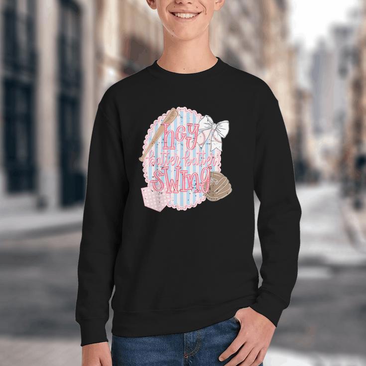 Hey Batter Batter Swing Baseball Game Day Coquette Bow Girly Youth Crewneck Sweatshirt