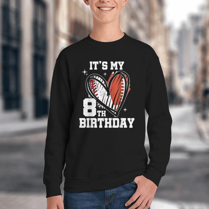 It's My 8th Birthday Baseball Football Heart 8 Year Old Youth Crewneck Sweatshirt It's My 8th Birthday Baseball Football Heart 8 Year Old Youth Crewneck Sweatshirt
