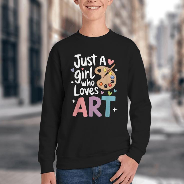 Just a Girl Who Loves Art Cute Back To School Kids Girls Youth Crewneck Sweatshirt