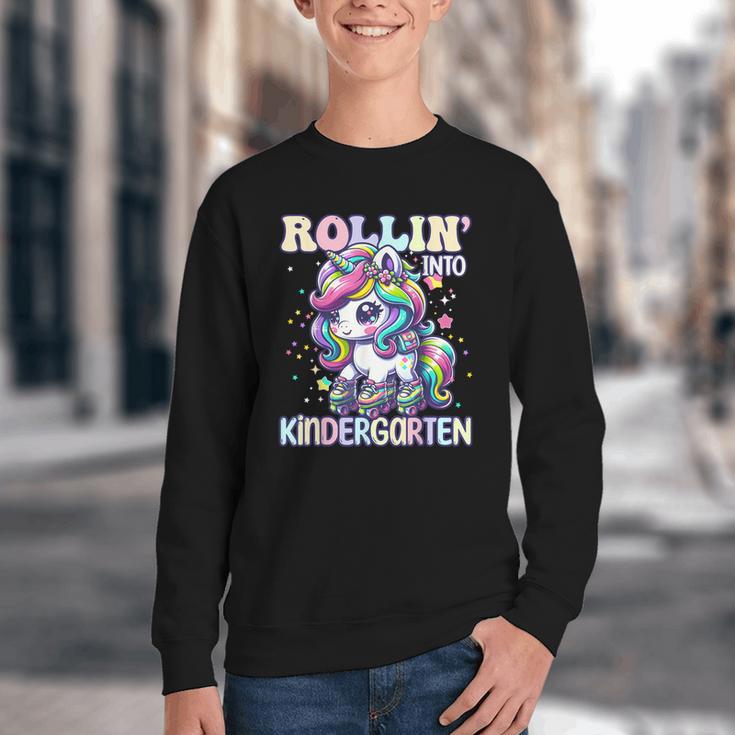 Kindergarten Back To School First Day Girls Rollin Unicorn Youth Crewneck Sweatshirt Kindergarten Back To School First Day Girls Rollin Unicorn Youth Crewneck Sweatshirt