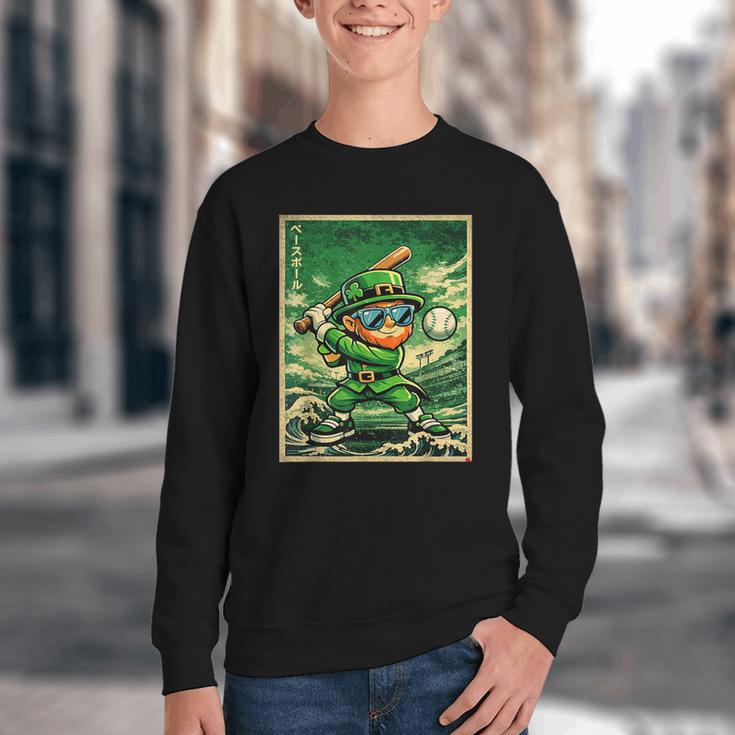 Leprechaun Playing Baseball Japanese Art St Patricks Day Youth Crewneck Sweatshirt