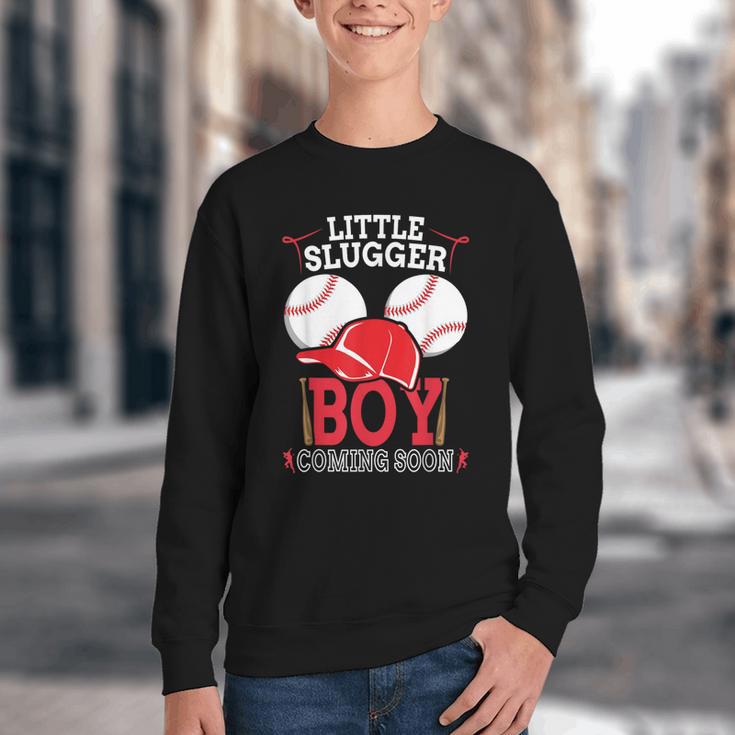 Little Slugger Boy Coming Soon Baby Announcement Baseball Youth Crewneck Sweatshirt