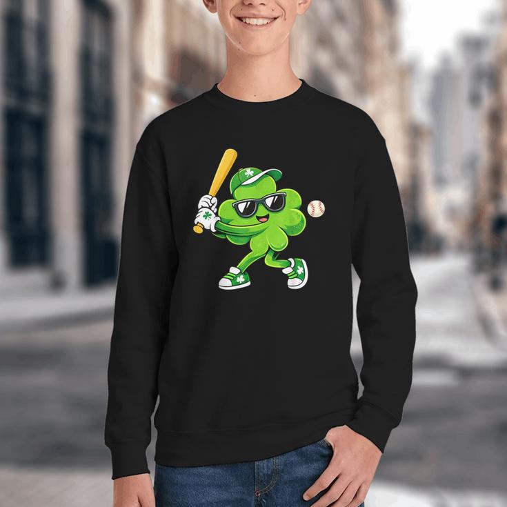 Lucky Shamrock Playing Baseball St Patrick's Kids Boys Youth Crewneck Sweatshirt