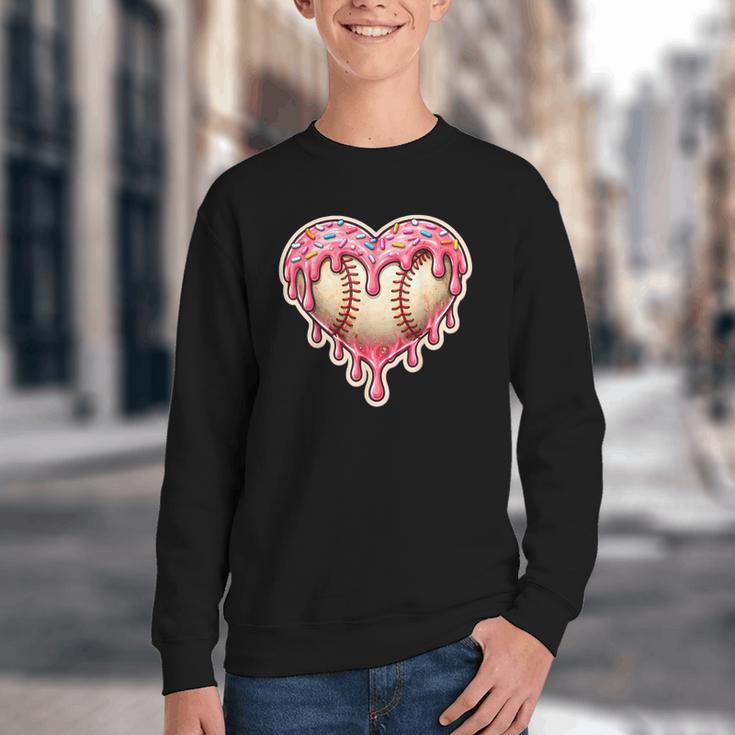 Melting Baseball Drip Heart Softball Player Lover Ice Cream Youth Crewneck Sweatshirt