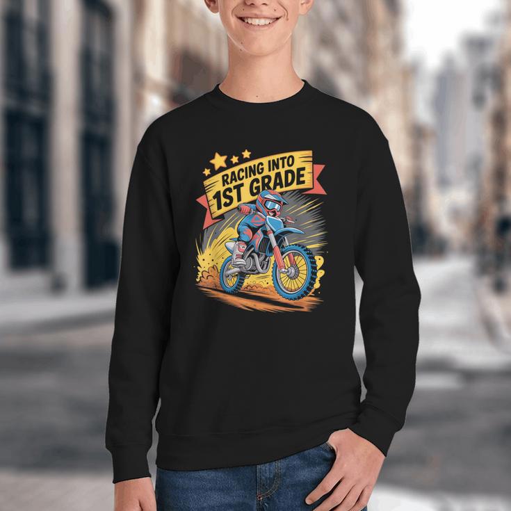 Motocross Dirt Bike Back To School Racing Into 1st Grade Youth Crewneck Sweatshirt