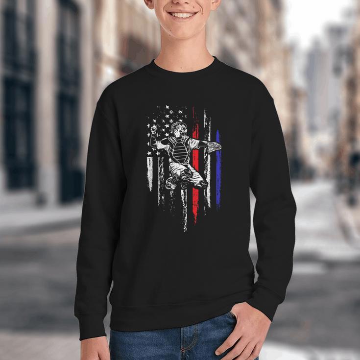 Patriotic Baseball Catcher American Flag Sports Tee Youth Crewneck Sweatshirt Patriotic Baseball Catcher American Flag Sports Tee Youth Crewneck Sweatshirt