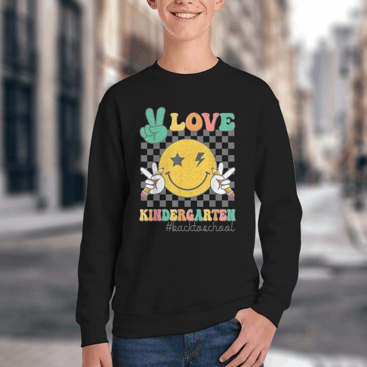 Peace Love Kindergarten Smile Face Hippie Back To School Youth Crewneck Sweatshirt Peace Love Kindergarten Smile Face Hippie Back To School Youth Crewneck Sweatshirt