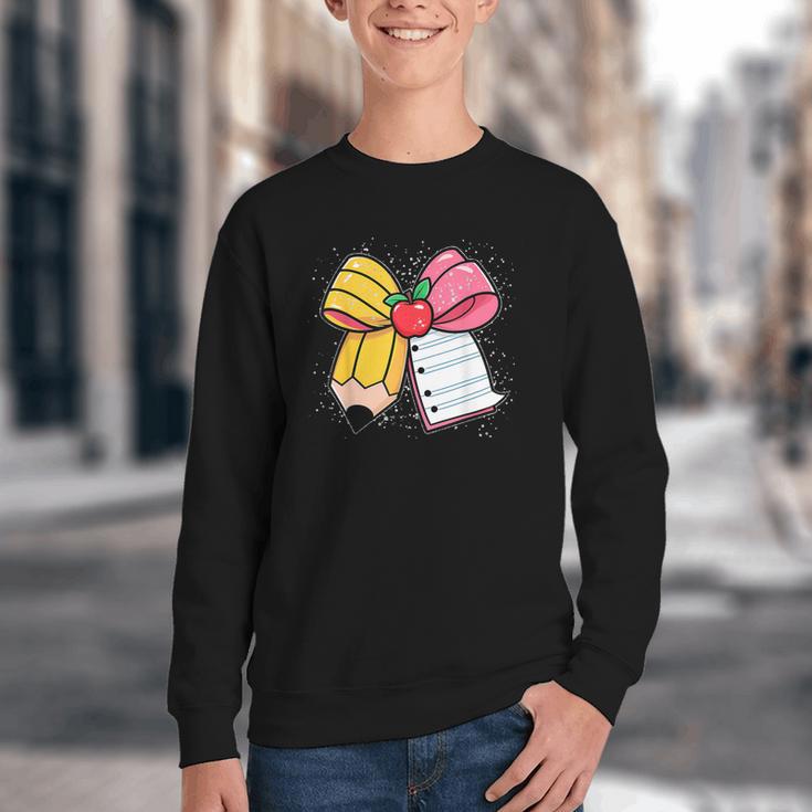 Pencil Coquette Bow Happy First Day Of School Back To School Youth Crewneck Sweatshirt Pencil Coquette Bow Happy First Day Of School Back To School Youth Crewneck Sweatshirt