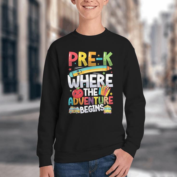Pre-K Where The Adventure Begins First Day & Back To School Youth Crewneck Sweatshirt Pre-K Where The Adventure Begins First Day & Back To School Youth Crewneck Sweatshirt