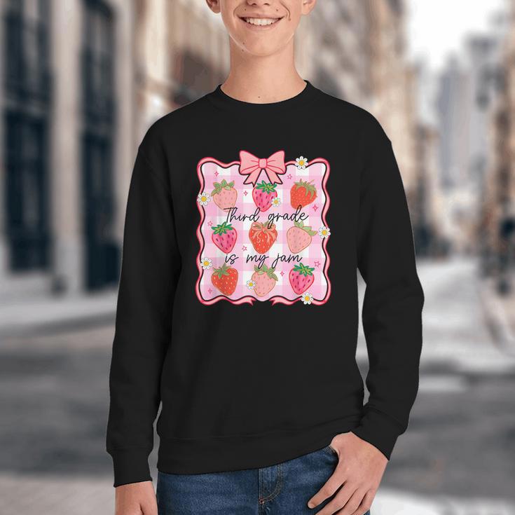 Preppy Back To School 3rd Grade Is My Jam Strawberry Bow Youth Crewneck Sweatshirt Preppy Back To School 3rd Grade Is My Jam Strawberry Bow Youth Crewneck Sweatshirt