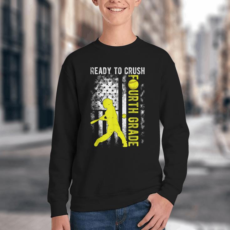 Ready To Crush Fourth Grade Softball USA Flag Back To School Youth Crewneck Sweatshirt Ready To Crush Fourth Grade Softball USA Flag Back To School Youth Crewneck Sweatshirt