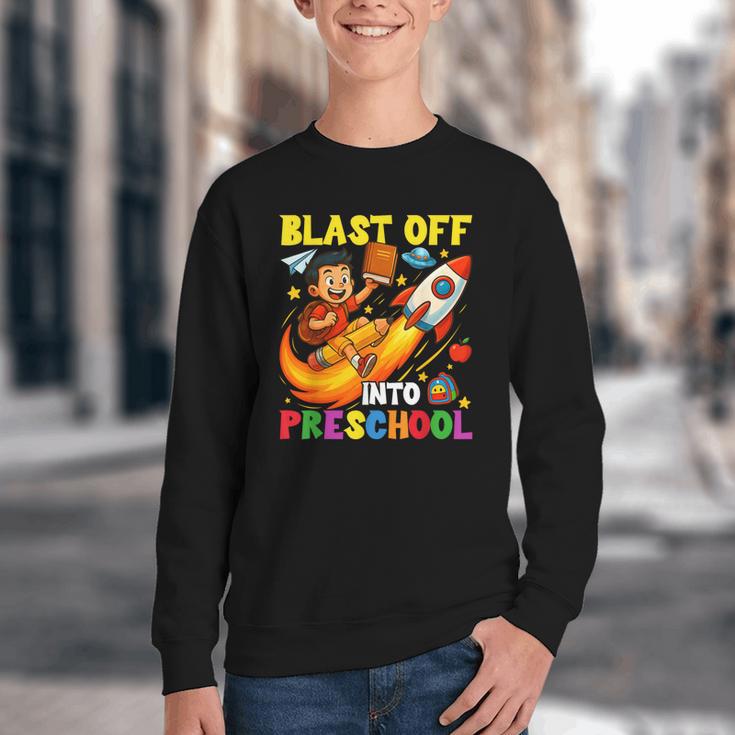 Rocket Blast Off Into Preschool Back To School Youth Crewneck Sweatshirt Rocket Blast Off Into Preschool Back To School Youth Crewneck Sweatshirt