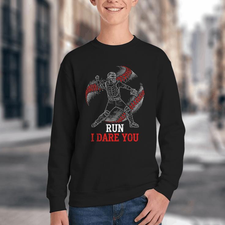 Run I Dare You Baseball Catcher Graphic Players Fans Youth Crewneck Sweatshirt Run I Dare You Baseball Catcher Graphic Players Fans Youth Crewneck Sweatshirt