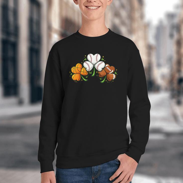 Shamrock Baseball Basketball Football St Patricks Day Youth Crewneck Sweatshirt