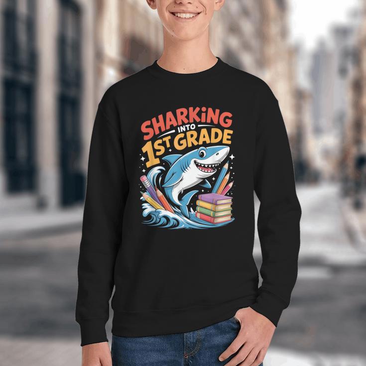 Sharking Into 1st Grade Back To School Shark Youth Crewneck Sweatshirt