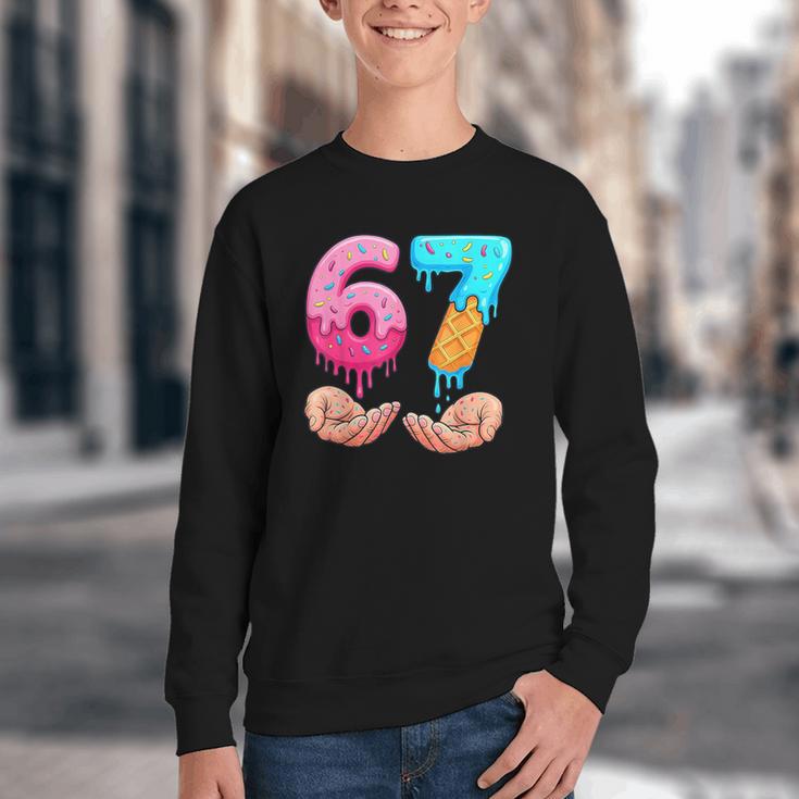 Six Seven 6-7 Baseball Ice Cream Drip 67 Meme Hands Youth Crewneck Sweatshirt Six Seven 6-7 Baseball Ice Cream Drip 67 Meme Hands Youth Crewneck Sweatshirt