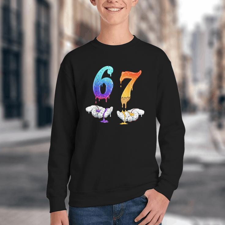 Six Seven Ice Cream Drip Cool Meme 67 Number Baseball Youth Crewneck Sweatshirt