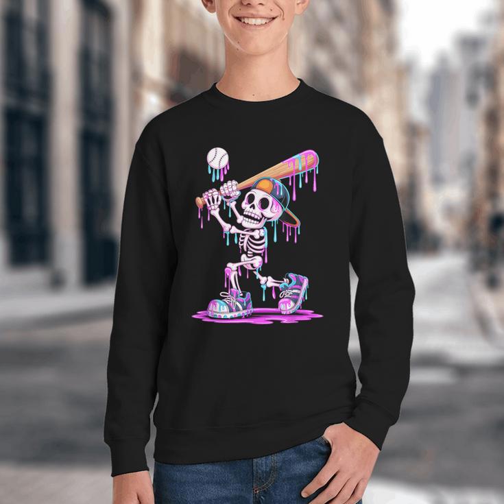Skeleton Baseball Drip Boys Youth Kids Halloween Youth Crewneck Sweatshirt